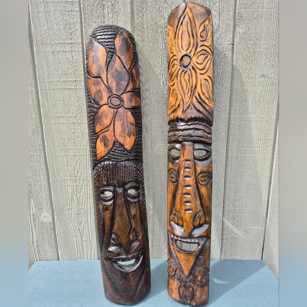Carved Wooden Tribal Masks - Set of 2
